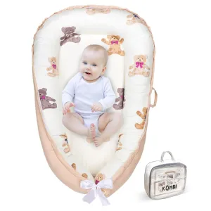 Baby Lounger for Newborn 0–24 Months, Baby Nest Co Sleeper Pillow with Breathable Cover, Portable Infant Bed for Boys & Girls, Infant Lounger for Home & Travel (Ivory Bear)