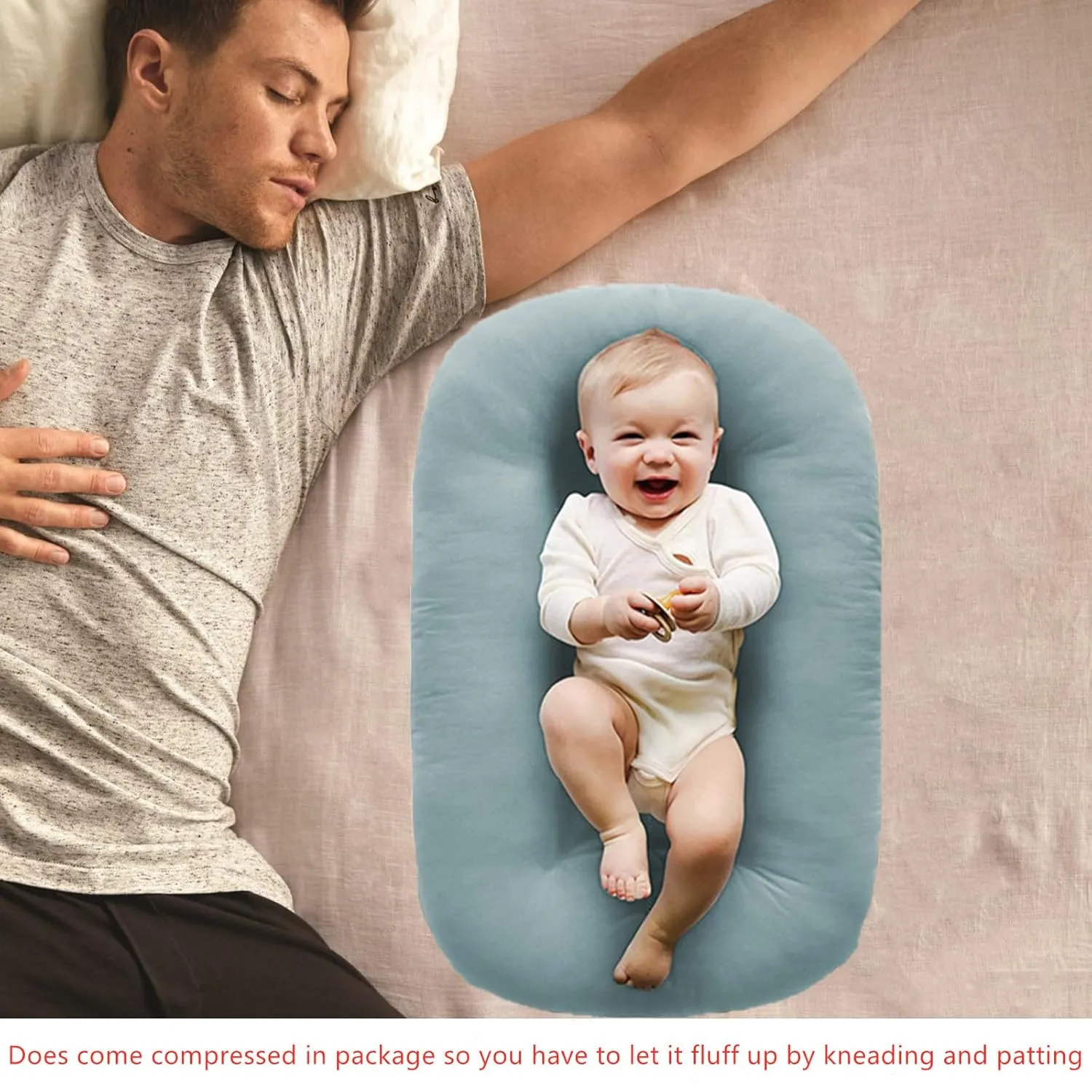 Baby Lounger for Newborn Pillow,Loevin Baby Nest Pillow Co-Sleeping for Baby in Bed,Newborn Lounger for Boys & Girls 0-12 Months-Misty Blue