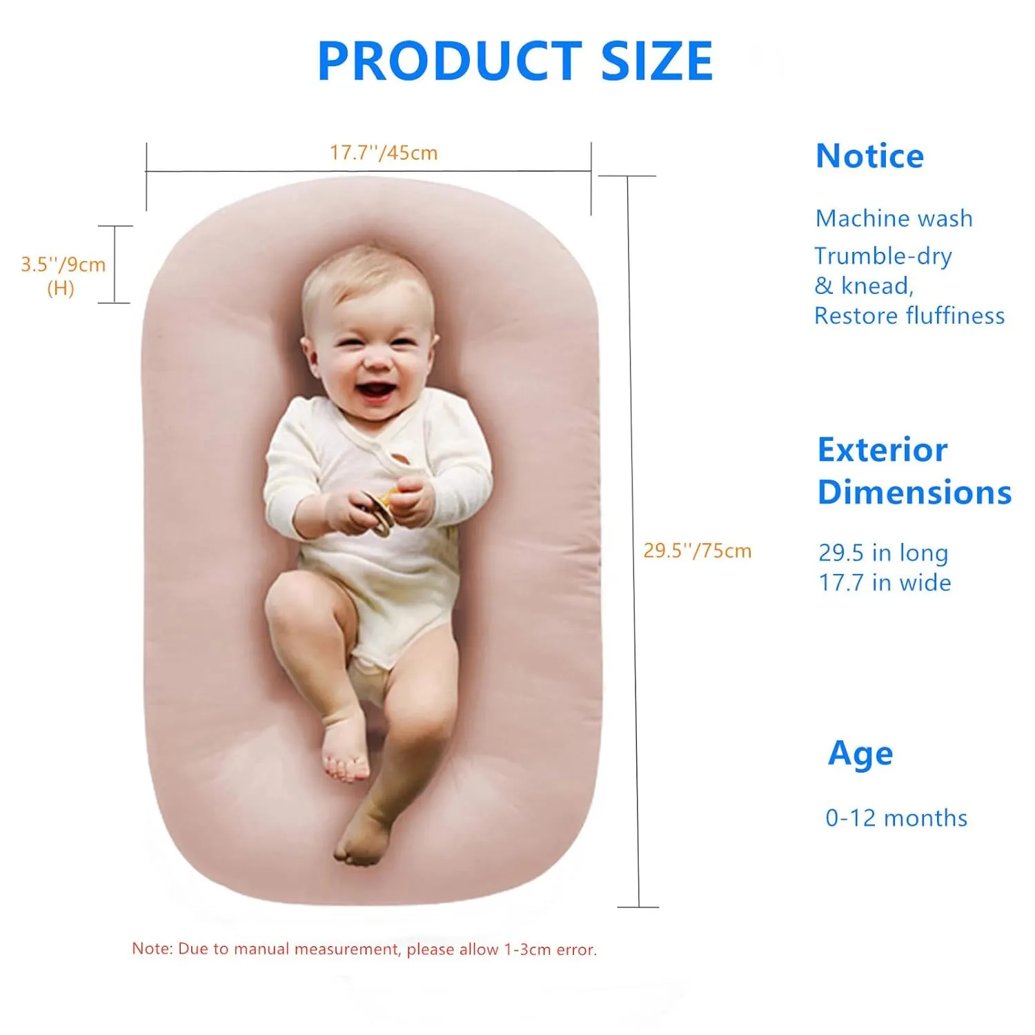 Baby Lounger Pillow,Loevin Baby Lounger Pillow for Newborn Cosleeping for Baby in Bed,Newborn Lounger Baby Nest for Boys & Girls 0-12 Months-Pink