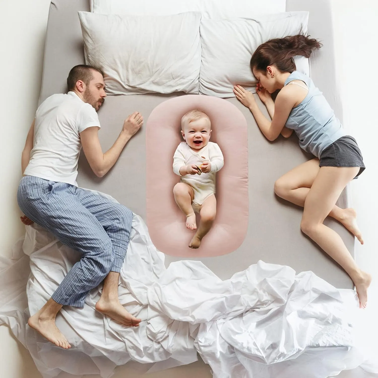 Baby Lounger Pillow,Loevin Baby Lounger Pillow for Newborn Cosleeping for Baby in Bed,Newborn Lounger Baby Nest for Boys & Girls 0-12 Months-Pink