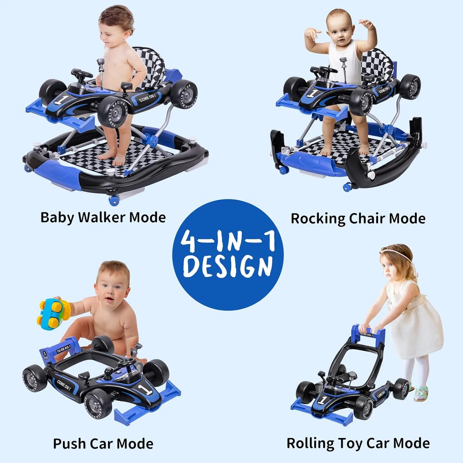 Baby Walker with Wheels, Activity Center Anti-Rollover, Comfortable seat, Steering Wheel, Music, Lights, 4 Height Adjustable Foldable Baby Walkers for Boys and Girls from 6-18 Months with Footrest