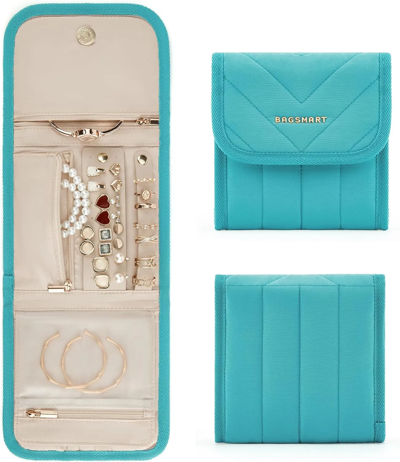 BAGSMART Travel Jewelry Organizer Case, Foldable Jewelry Roll for Necklaces, Earrings, Journey-Rings, Bracelets, Brooches, Portable,Teal
