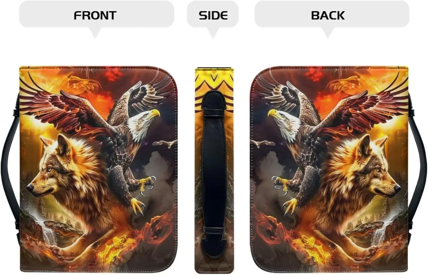 Bald Eagle and Wolf Bible Covers for Men Large Size Bible Carrying Bag for Men Leather with Zippered Handle Carrying Bible Case Protects Your Prayer and Study Items