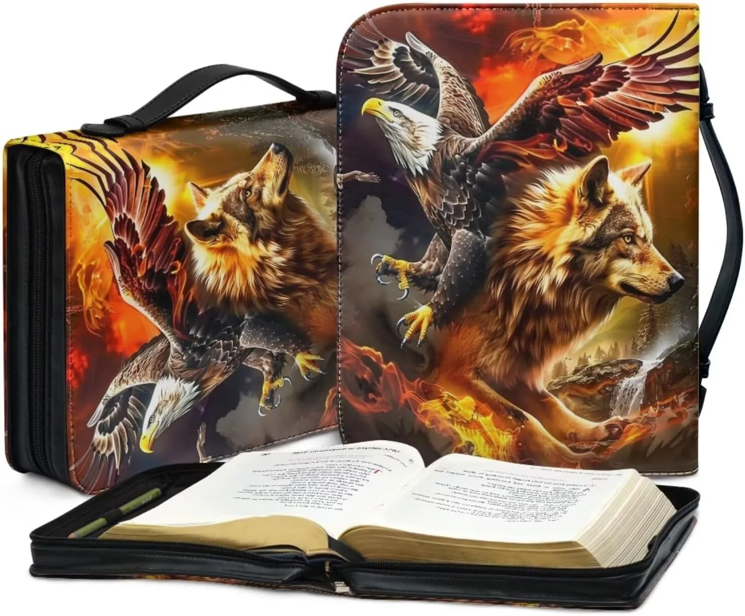 Bald Eagle and Wolf Bible Covers for Men Large Size Bible Carrying Bag for Men Leather with Zippered Handle Carrying Bible Case Protects Your Prayer and Study Items