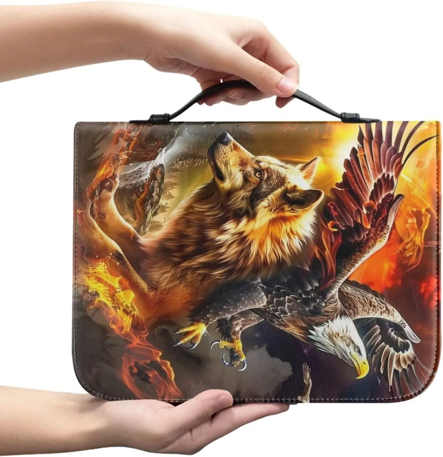 Bald Eagle and Wolf Bible Covers for Men Large Size Bible Carrying Bag for Men Leather with Zippered Handle Carrying Bible Case Protects Your Prayer and Study Items