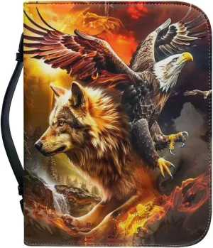 Bald Eagle and Wolf Bible Covers for Men Large Size Bible Carrying Bag for Men Leather with Zippered Handle Carrying Bible Case Protects Your Prayer and Study Items
