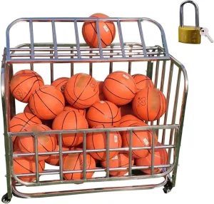 Ball Rack Lockable Ball Storage Cart, Basketball Storage Bin for Indoor Outdoor/Metal Rolling Sports Ball Organizer Stand, Exercise Ball Holder for Gym School Club