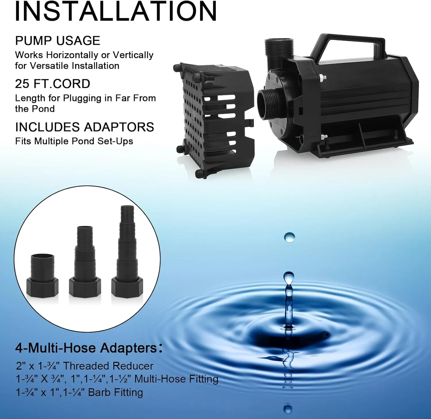 BARST 3000GPH Submersible Water Pump High Flow UL Certified Pond Pump Waterfall Pumps Submersible Outdoor Water Fountain Pump with Pump Barrier Bag (3000GPH-230W-BLACK)