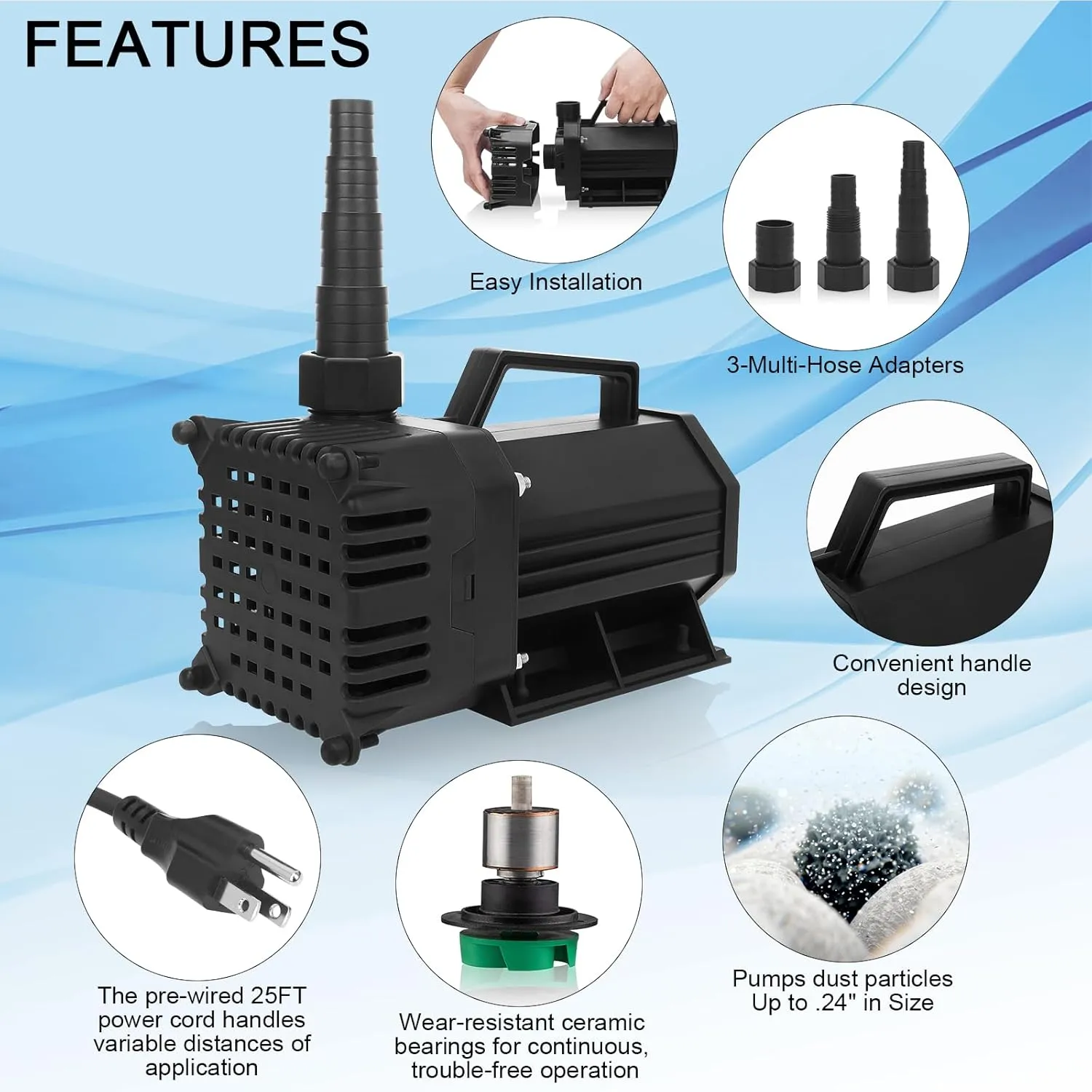 BARST 3000GPH Submersible Water Pump High Flow UL Certified Pond Pump Waterfall Pumps Submersible Outdoor Water Fountain Pump with Pump Barrier Bag (3000GPH-230W-BLACK)