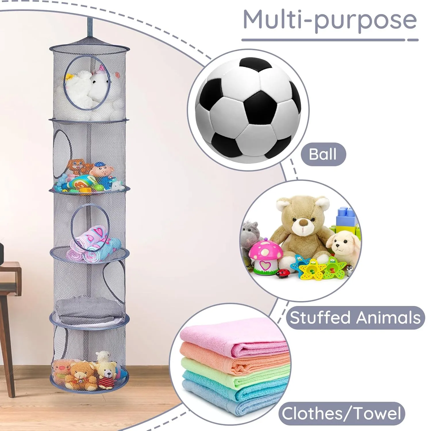 Basumee Stuffed Animals Net or Hammock 2 Pcs Stuffed Animals Storage Toy Net Hammock for Plushies Storage Organizer Mesh Kids Girls Room Decor, Gray, 5 Tiers