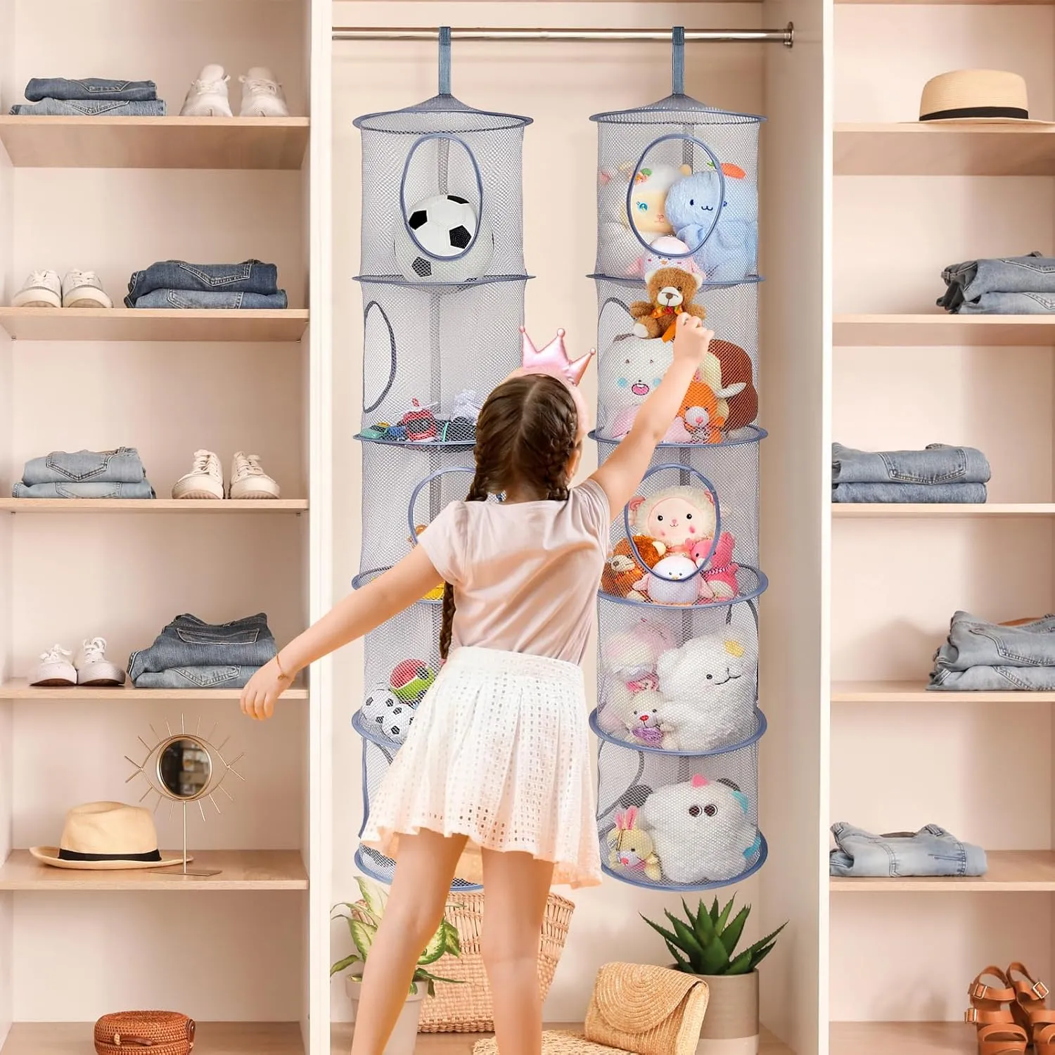 Basumee Stuffed Animals Net or Hammock 2 Pcs Stuffed Animals Storage Toy Net Hammock for Plushies Storage Organizer Mesh Kids Girls Room Decor, Gray, 5 Tiers