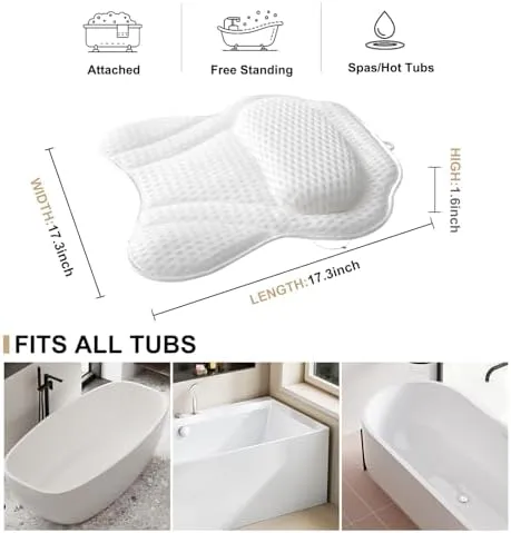 Bath Pillow Luxury Bathtub Pillow, 4D Bath Tub Pillows for Head, Neck and Back Support, Tub Pillow for Bathtub with 6 Non-Slip Suction Cups, Relaxing Bath Accessories Spa Gifts
