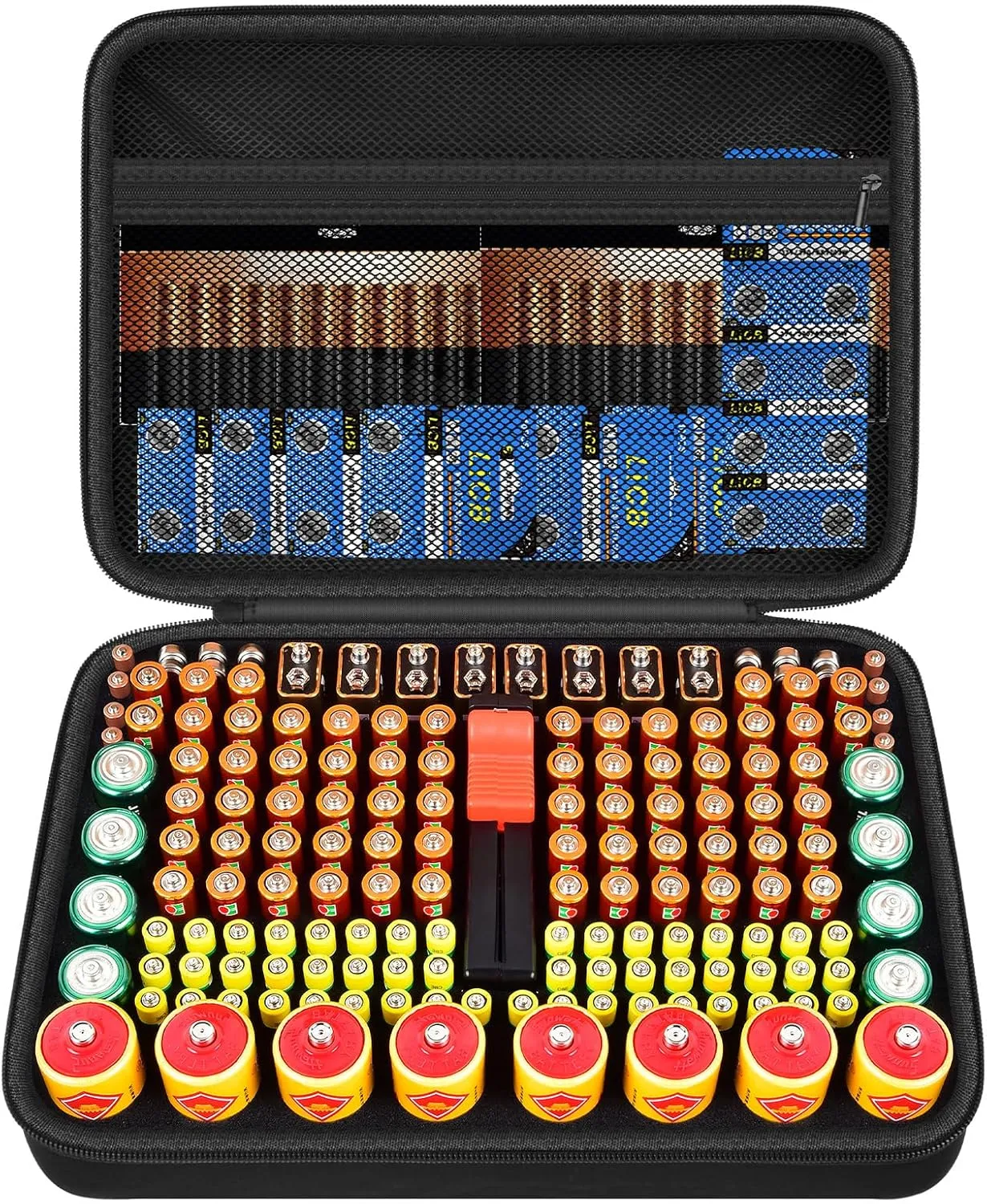 Battery Organizer Storage Case with Tester, Batteries Holder Box Carrying Container Bag, Garage Vault Organization Holds 162  Battery Variety Pack AA AAA AAAA C D 9V 3V Lithium(No Batteries) (Black)