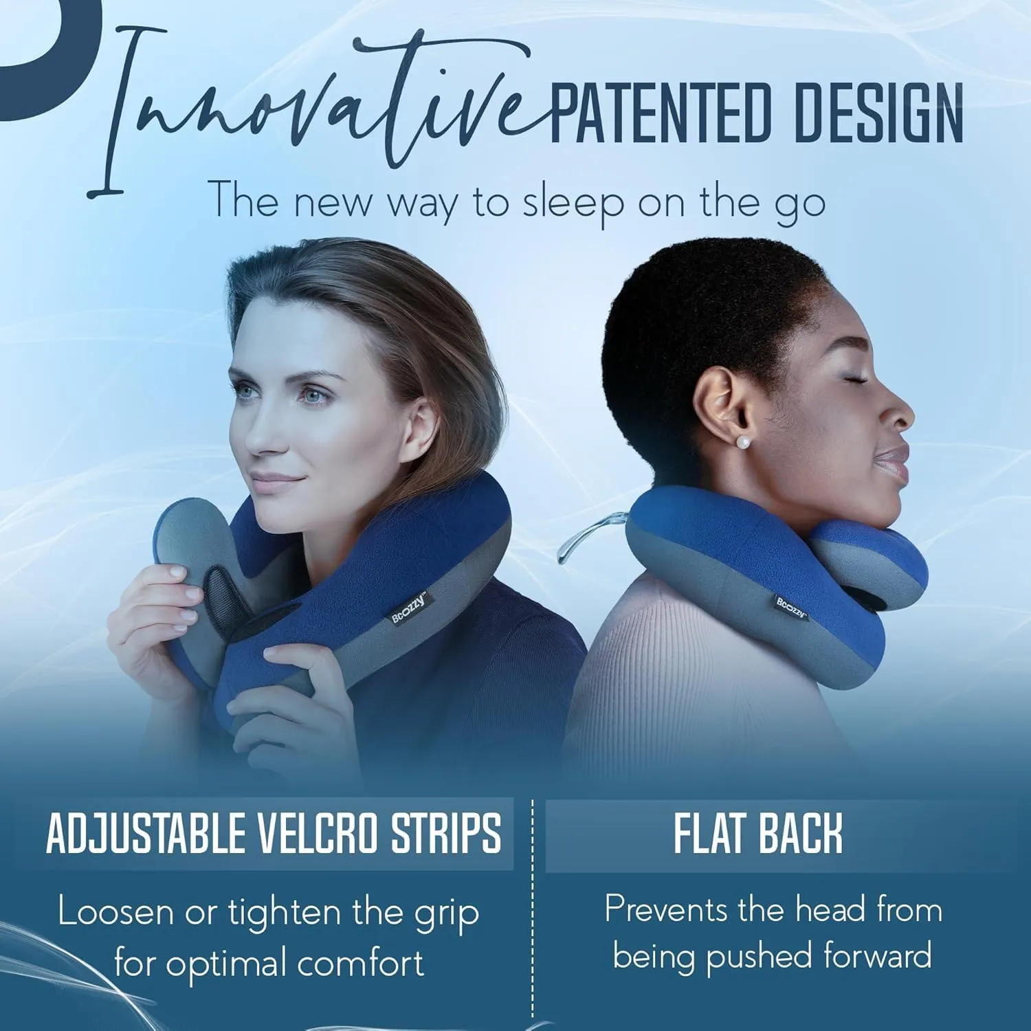 BCOZZY Travel Neck Pillow for Airplane – Patented Double Support for Head, Neck, and Chin. Best for Long Flights, Plane Sleeping & Car Rides. Adjustable Size. Fully Washable. Carry Bag. X-Large, Navy