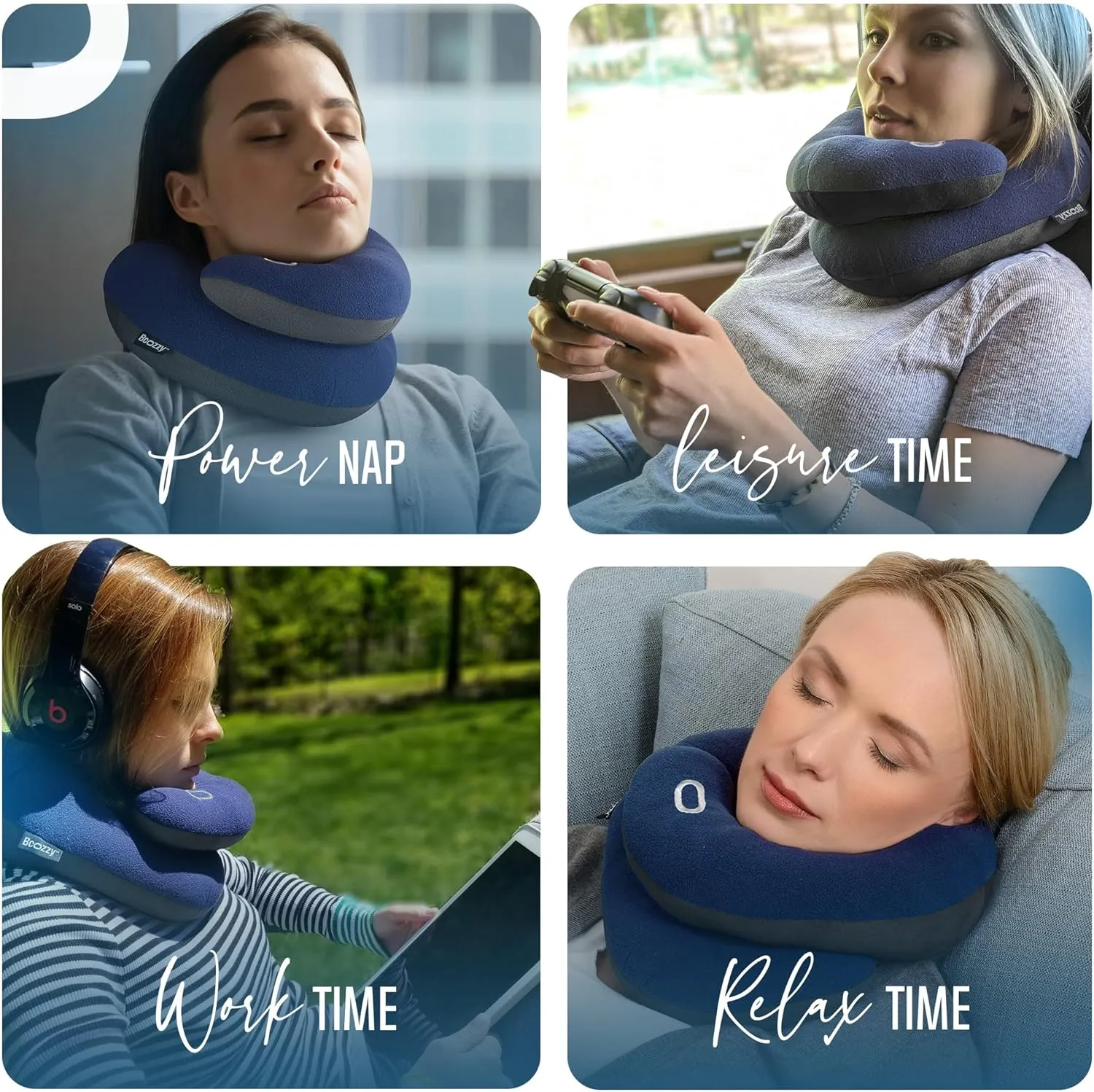 BCOZZY Travel Neck Pillow for Airplane – Patented Double Support for Head, Neck, and Chin. Best for Long Flights, Plane Sleeping & Car Rides. Adjustable Size. Fully Washable. Carry Bag. X-Large, Navy