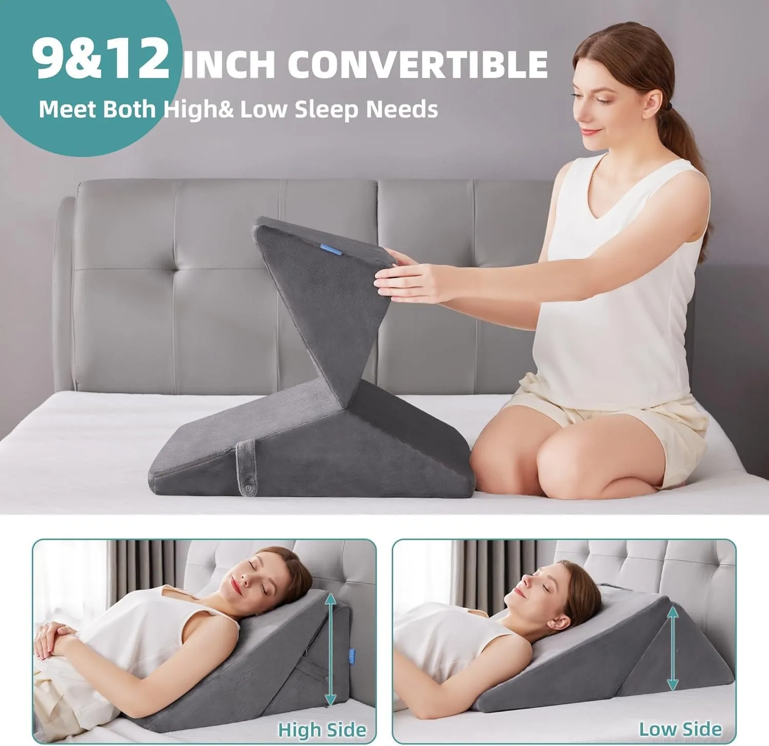 BDEUS Bed Wedge Pillow for Sleeping, Memory Foam Adjustable 9&12 Inch Incline, Wedge Pillow for Back Support and Leg Elevation Reading