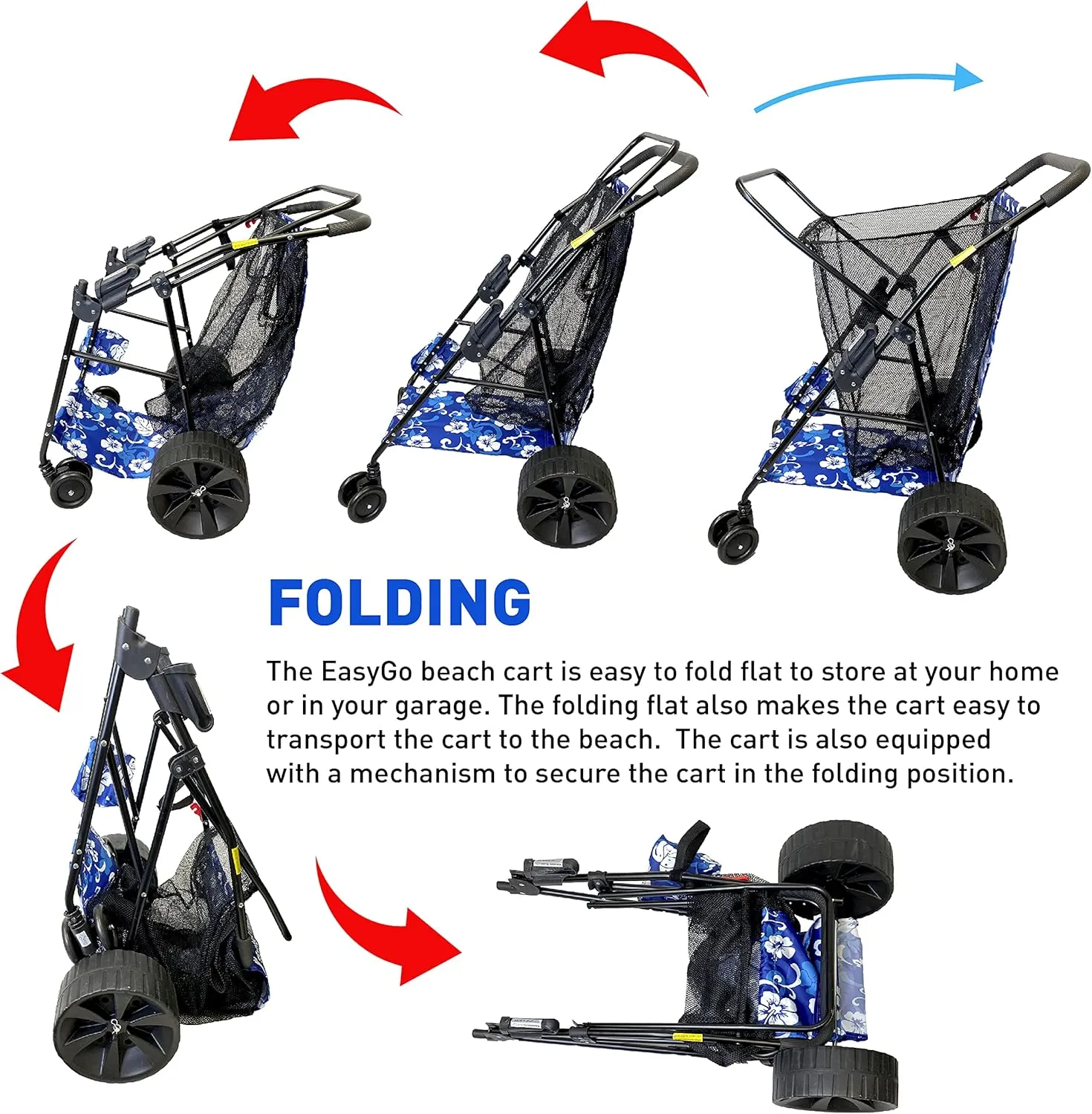 Beach Cart Heavy Duty Folding Ocean Utility Wagon Large Sand Wheels Holds 4 Folding Chairs Storage Pouch Umbrella Holder – Flower Pattern