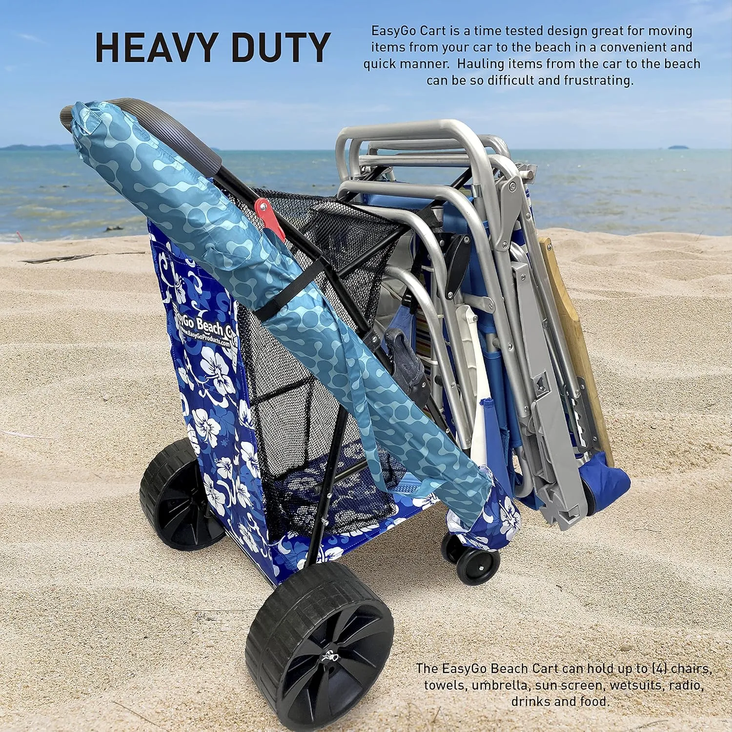 Beach Cart Heavy Duty Folding Ocean Utility Wagon Large Sand Wheels Holds 4 Folding Chairs Storage Pouch Umbrella Holder – Flower Pattern