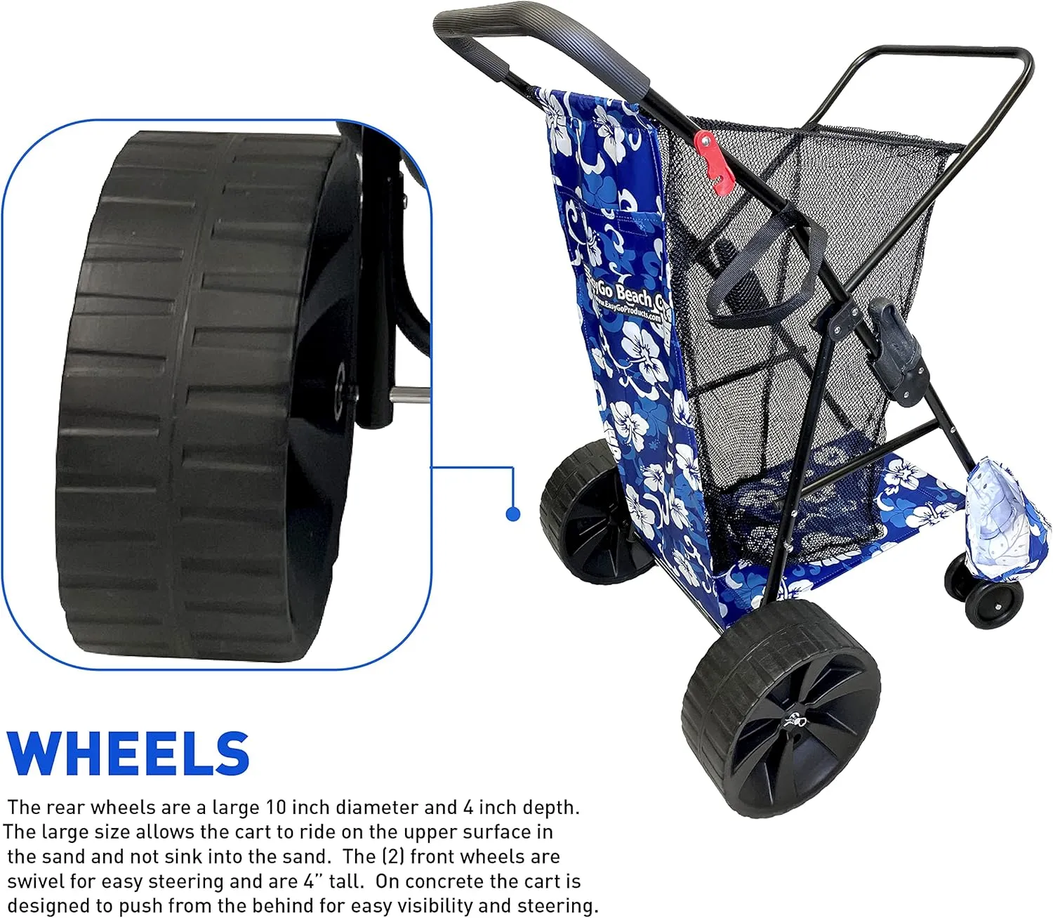 Beach Cart Heavy Duty Folding Ocean Utility Wagon Large Sand Wheels Holds 4 Folding Chairs Storage Pouch Umbrella Holder – Flower Pattern