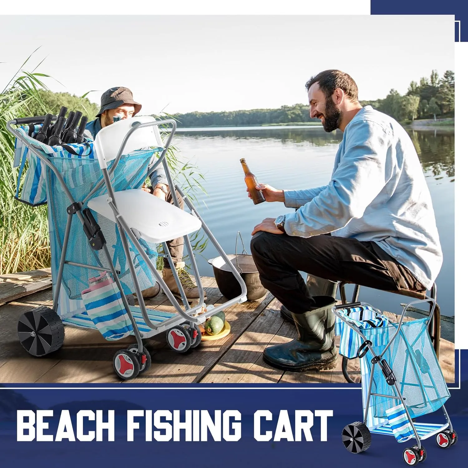 Beach Cart with Big Wheels for Sand Foldable Beach Buggy Wide Wheel Storage Wagon Lightweight Rust Free Aluminum Frame with Body Board Holder Removable Tote for Most Terrain