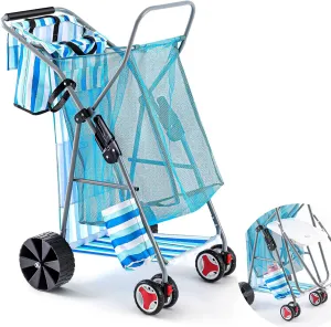 Beach Cart with Big Wheels for Sand Foldable Beach Buggy Wide Wheel Storage Wagon Lightweight Rust Free Aluminum Frame with Body Board Holder Removable Tote for Most Terrain