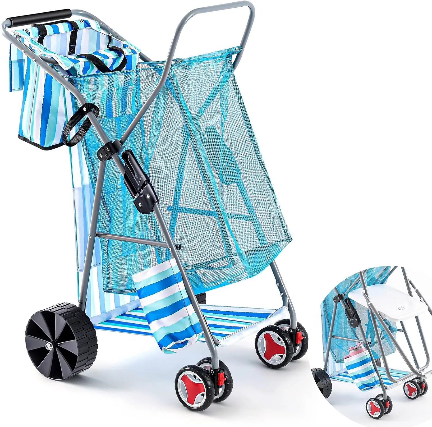 Beach Cart with Big Wheels for Sand Foldable Beach Buggy Wide Wheel Storage Wagon Lightweight Rust Free Aluminum Frame with Body Board Holder Removable Tote for Most Terrain