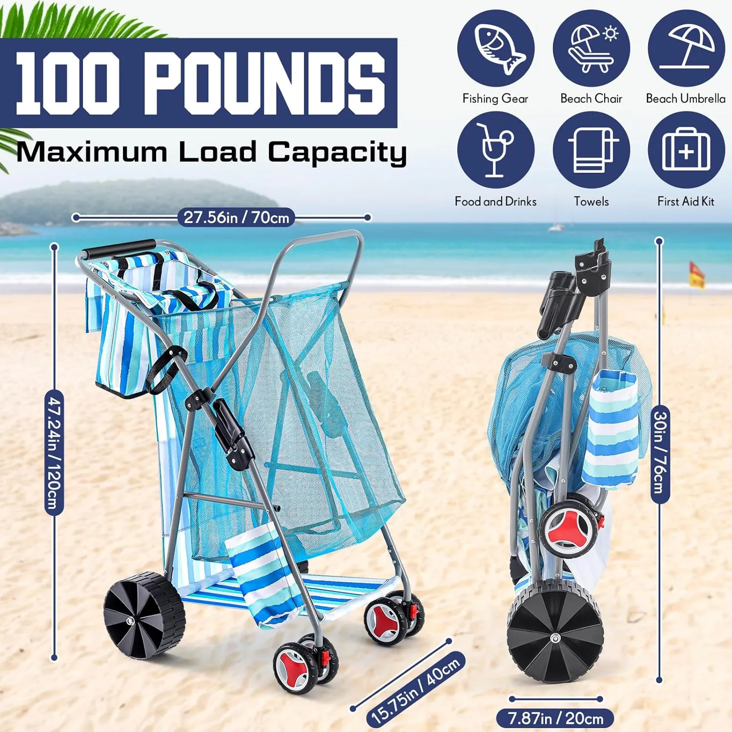 Beach Cart with Big Wheels for Sand Foldable Beach Buggy Wide Wheel Storage Wagon Lightweight Rust Free Aluminum Frame with Body Board Holder Removable Tote for Most Terrain