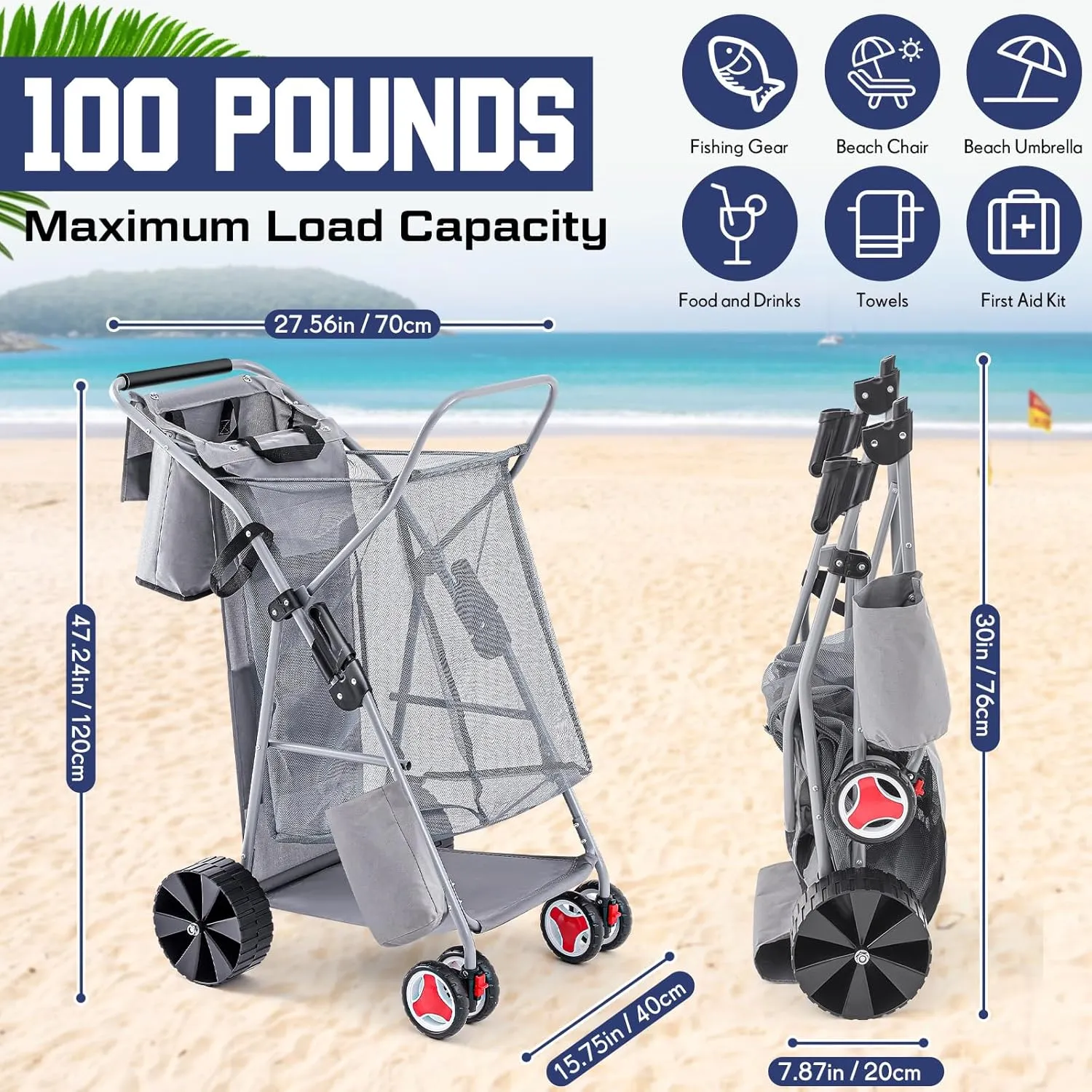 Beach Cart with Big Wheels for Sand Foldable Beach Buggy Wide Wheel Storage Wagon Lightweight Rust Free Aluminum Frame with Body Board Holder Removable Tote for Most Terrain