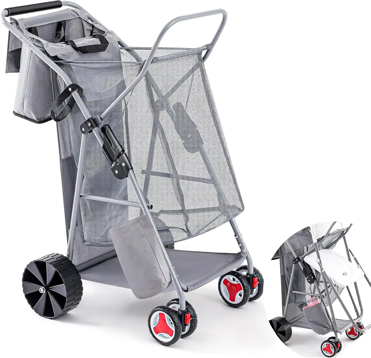 Beach Cart with Big Wheels for Sand Foldable Beach Buggy Wide Wheel Storage Wagon Lightweight Rust Free Aluminum Frame with Body Board Holder Removable Tote for Most Terrain