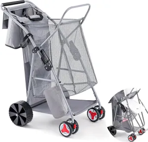Beach Cart with Big Wheels for Sand Foldable Beach Buggy Wide Wheel Storage Wagon Lightweight Rust Free Aluminum Frame with Body Board Holder Removable Tote for Most Terrain