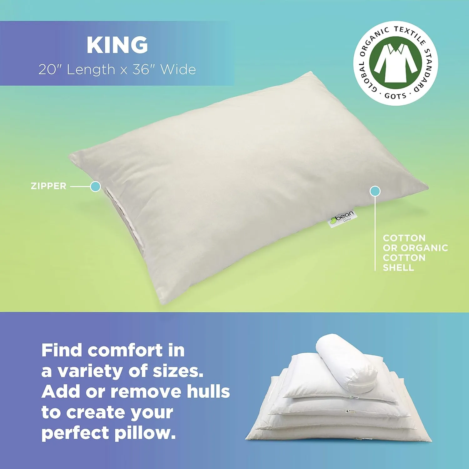 Bean Products 20" x 36" King Bed Pillow for Sleeping – Organic Millet Fill with Organic Cotton Fabric, Soft Head Pillow – Eco-Friendly, Breathable, and Durable Sleep Aid, Made in The USA