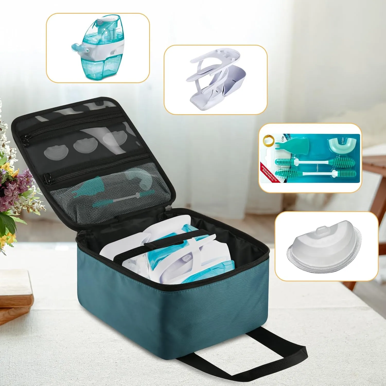 Beautyflier Travel Carrying Bag for Navage Nasal Irrigation System, Countertop Caddy Neti Pot Storage, Portable Nose Cleaner Sinus Organizer With Hanging Strap (Dark Green)