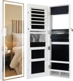Becko US LED Mirror Jewelry Cabinet with 3 Colored Light, Wall/Door Mounted Wooden Jewelry Armoire, 47-Inch Full Length Lighted Mirror with Storage, Lockable Jewelry Organizer for Bedroom (White)