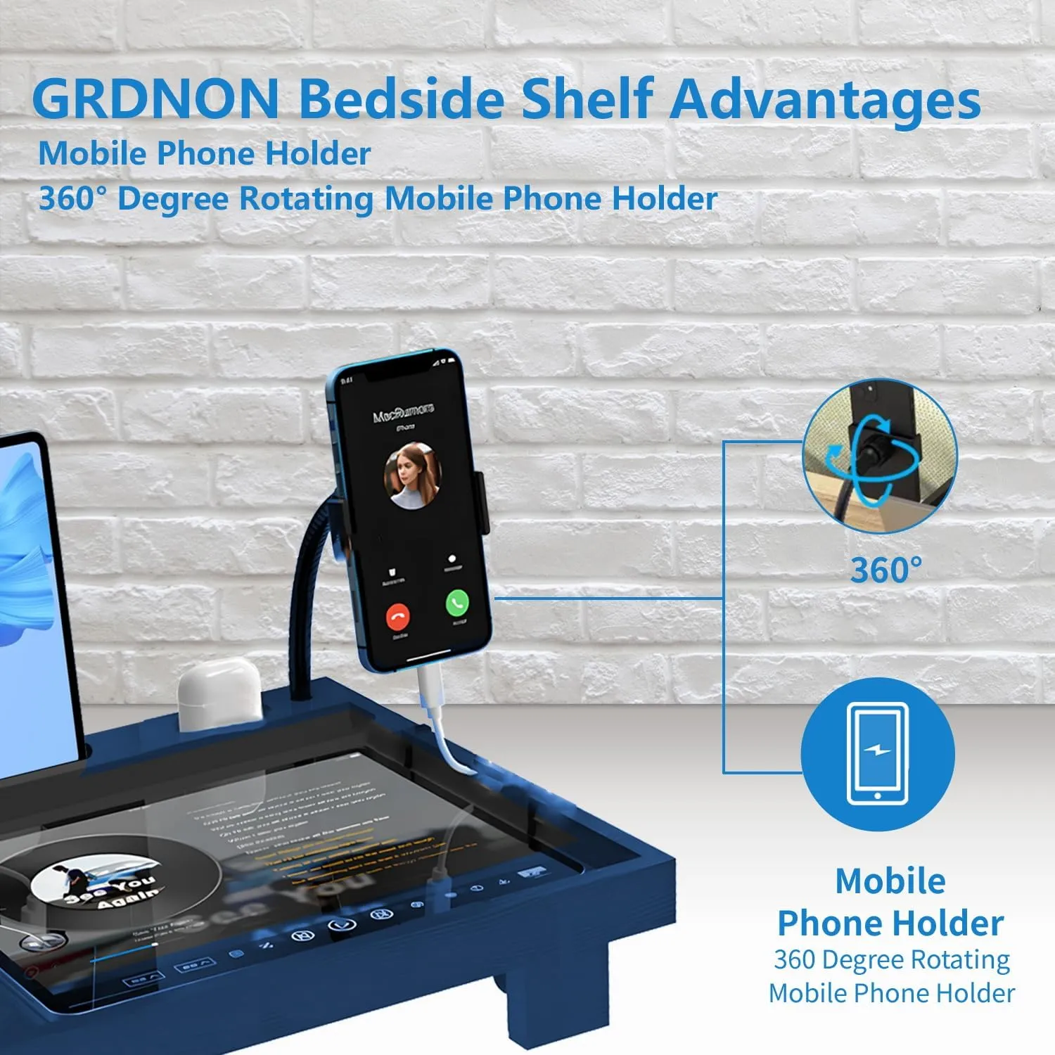 Bed Shelf with Phone Holder for Bed, ‎Bamboo Bed Shelf Organizer for Top Bunk, Clip on Nightstand for College Dorm Loft Bed, Bedside Shelf Tray for Kids, Built Earphones & Tablet Slot (Blue)