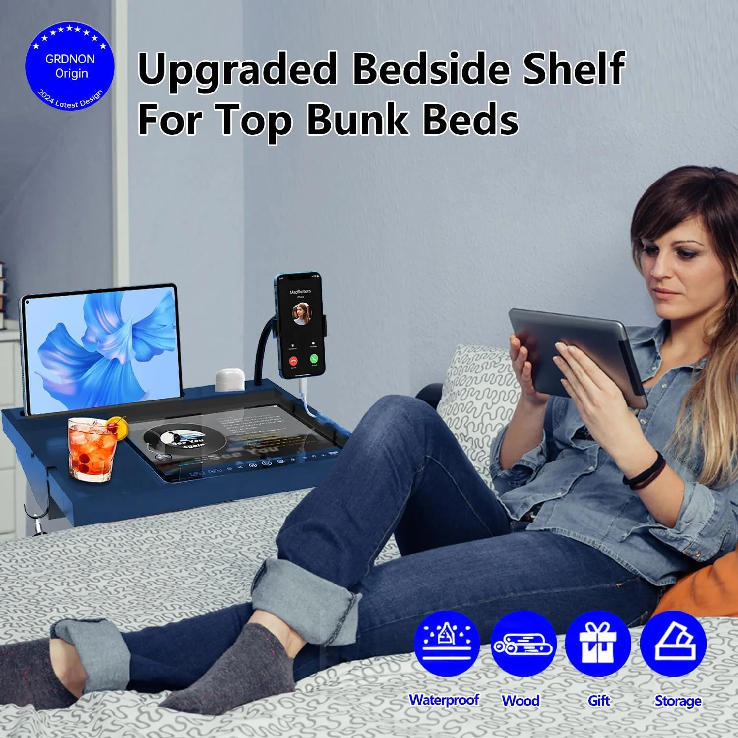Bed Shelf with Phone Holder for Bed, ‎Bamboo Bed Shelf Organizer for Top Bunk, Clip on Nightstand for College Dorm Loft Bed, Bedside Shelf Tray for Kids, Built Earphones & Tablet Slot (Blue)