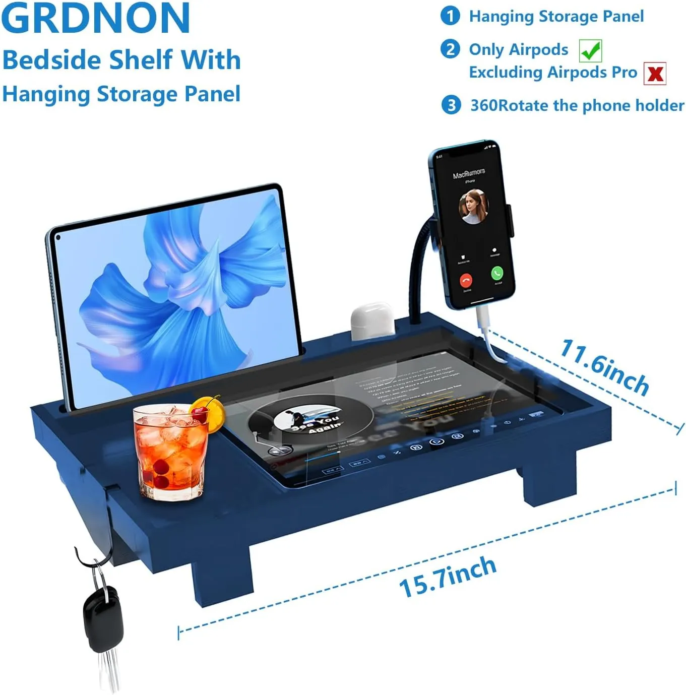 Bed Shelf with Phone Holder for Bed, ‎Bamboo Bed Shelf Organizer for Top Bunk, Clip on Nightstand for College Dorm Loft Bed, Bedside Shelf Tray for Kids, Built Earphones & Tablet Slot (Blue)