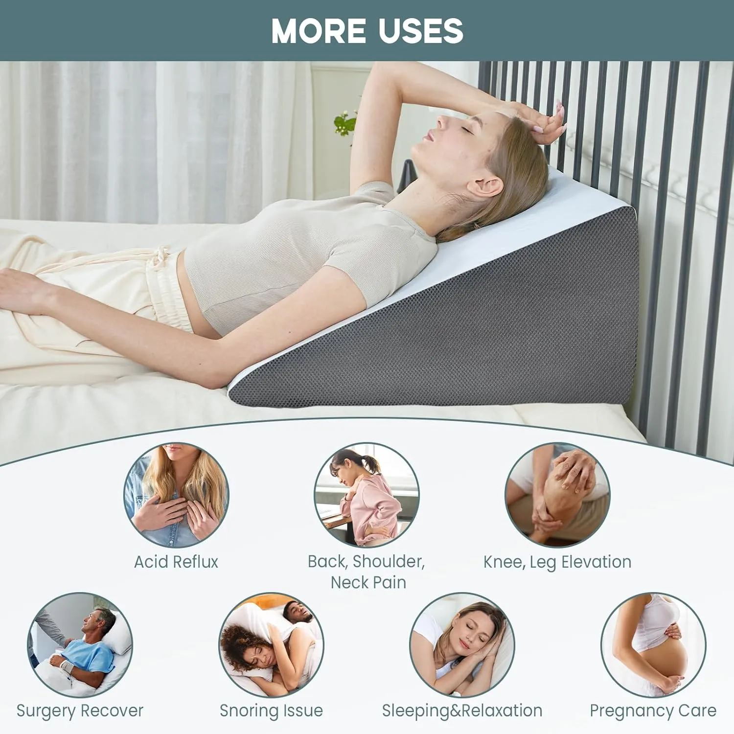Bed Wedge Pillow, 10" 24" 24" Triangle Pillow Wedge, Cooling Memory Foam Top, Elevated Support Wedge Pillow for Relieving Acid Reflux, Heartburn, Snoring and GERD