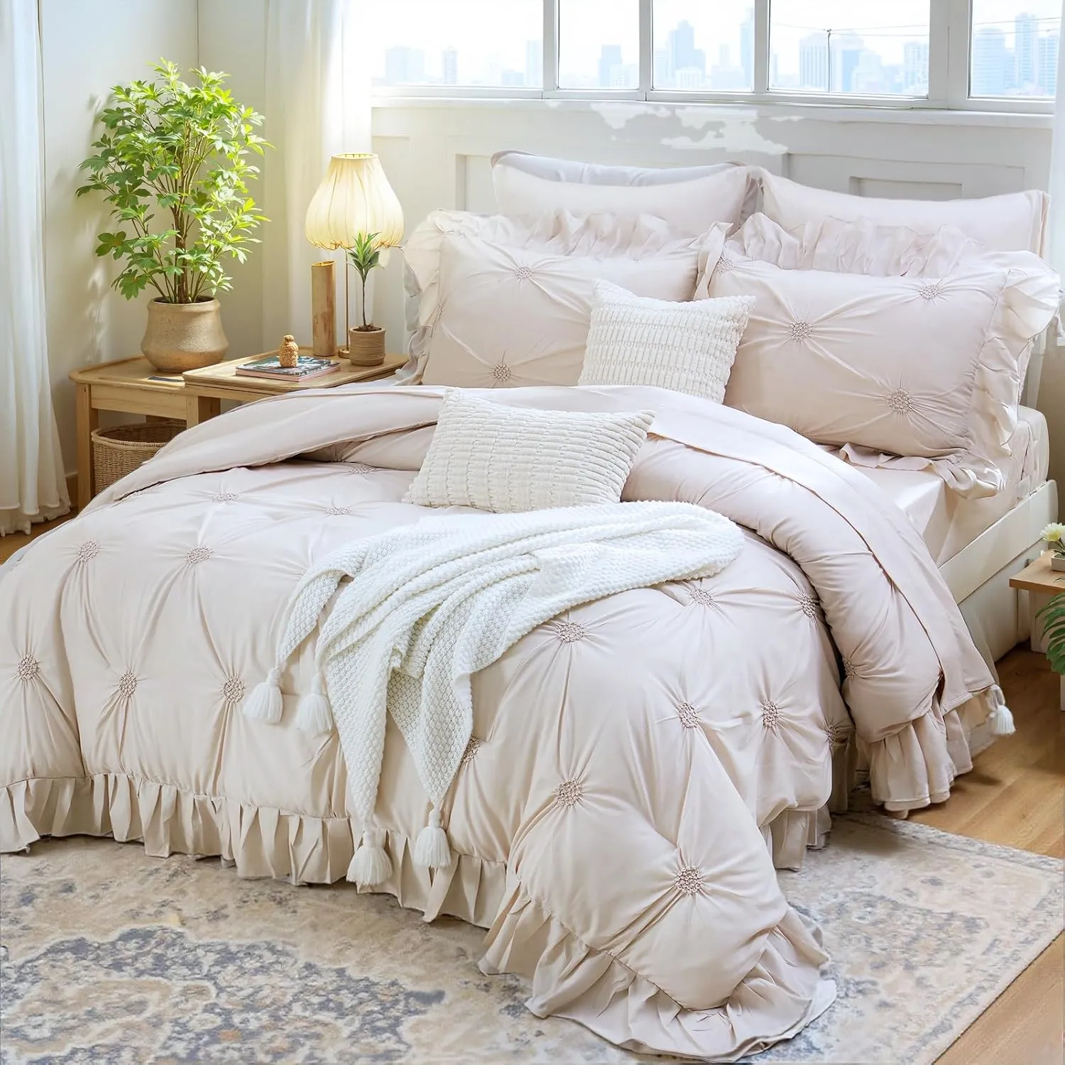 Bedbay Beige Bed in a Bag Comforter Set 9 Pcs,Queen Comforter Set with Sheets,Pintuck Pinch Pleat Bedding Set,Boho Down Alternative Comforter Queen Bed Set,Microfiber Exquisite Ruffle Duvet Set