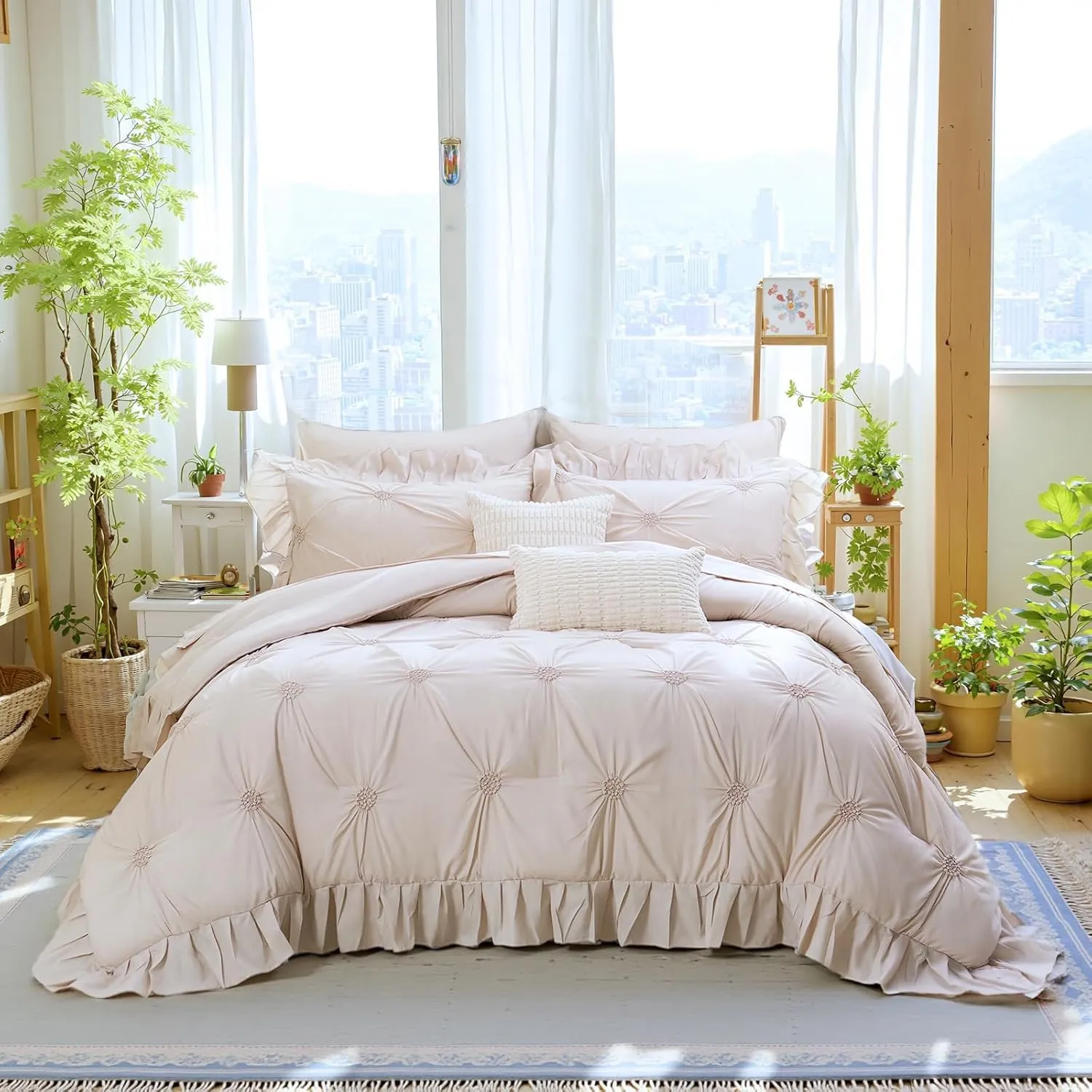 Bedbay Beige Bed in a Bag Comforter Set 9 Pcs,Queen Comforter Set with Sheets,Pintuck Pinch Pleat Bedding Set,Boho Down Alternative Comforter Queen Bed Set,Microfiber Exquisite Ruffle Duvet Set