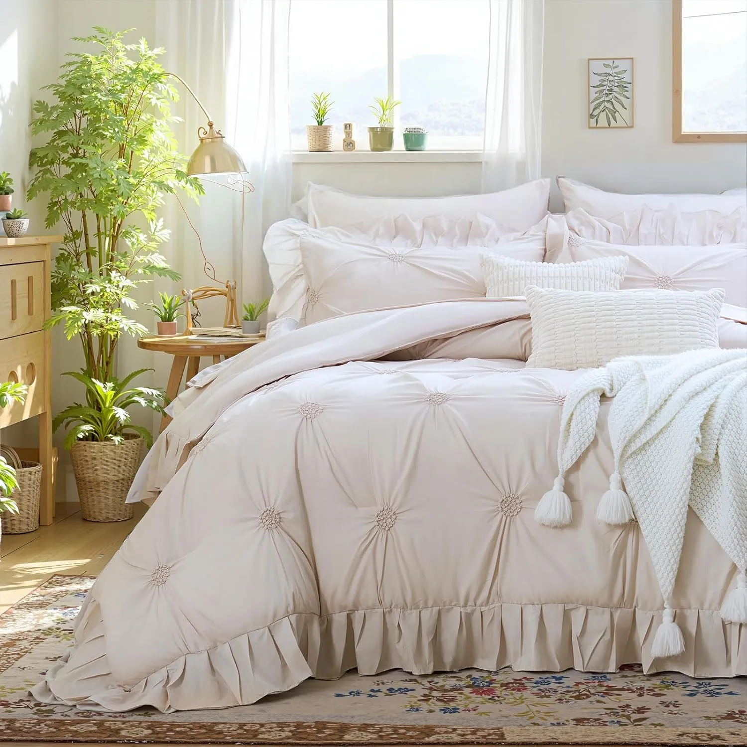 Bedbay Beige Bed in a Bag Comforter Set 9 Pcs,Queen Comforter Set with Sheets,Pintuck Pinch Pleat Bedding Set,Boho Down Alternative Comforter Queen Bed Set,Microfiber Exquisite Ruffle Duvet Set