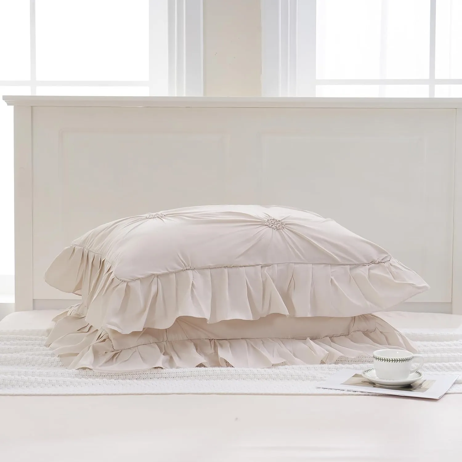 Bedbay Beige Bed in a Bag Comforter Set 9 Pcs,Queen Comforter Set with Sheets,Pintuck Pinch Pleat Bedding Set,Boho Down Alternative Comforter Queen Bed Set,Microfiber Exquisite Ruffle Duvet Set