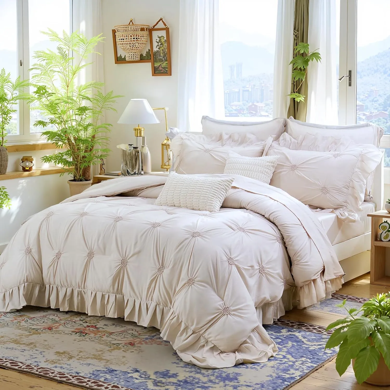 Bedbay Beige Bed in a Bag Comforter Set 9 Pcs,Queen Comforter Set with Sheets,Pintuck Pinch Pleat Bedding Set,Boho Down Alternative Comforter Queen Bed Set,Microfiber Exquisite Ruffle Duvet Set