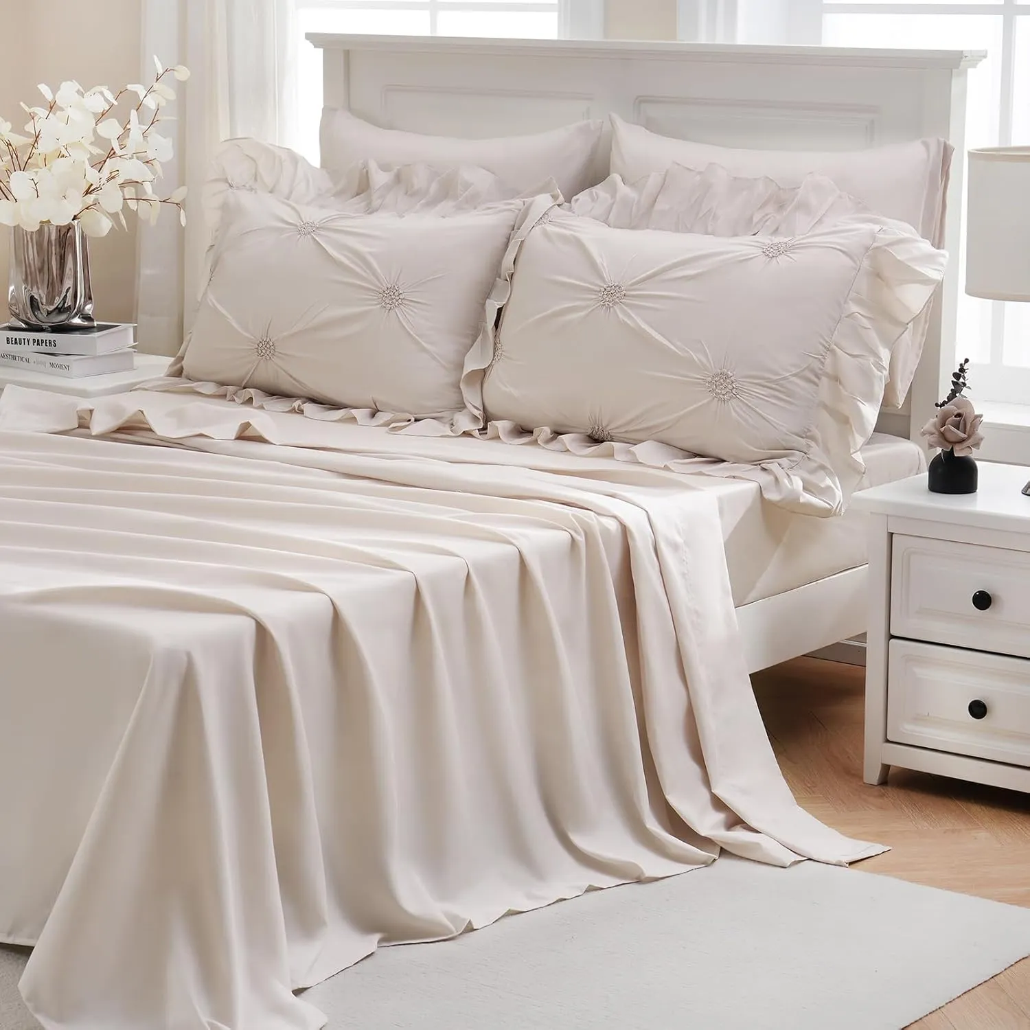 Bedbay Beige Bed in a Bag Comforter Set 9 Pcs,Queen Comforter Set with Sheets,Pintuck Pinch Pleat Bedding Set,Boho Down Alternative Comforter Queen Bed Set,Microfiber Exquisite Ruffle Duvet Set