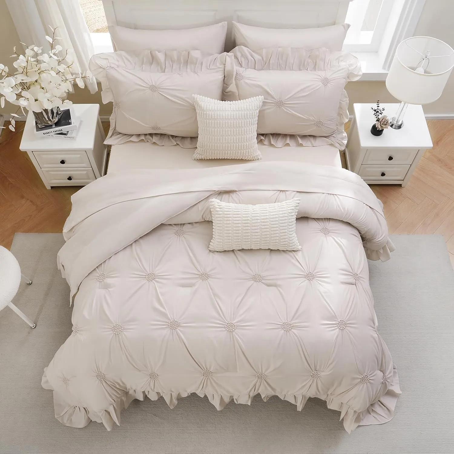 Bedbay Beige Bed in a Bag Comforter Set 9 Pcs,Queen Comforter Set with Sheets,Pintuck Pinch Pleat Bedding Set,Boho Down Alternative Comforter Queen Bed Set,Microfiber Exquisite Ruffle Duvet Set