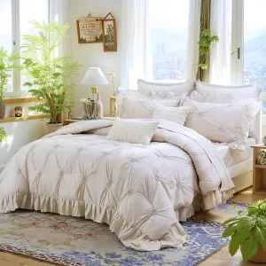 Bedbay Beige Bed in a Bag Comforter Set 9 Pcs,Queen Comforter Set with Sheets,Pintuck Pinch Pleat Bedding Set,Boho Down Alternative Comforter Queen Bed Set,Microfiber Exquisite Ruffle Duvet Set