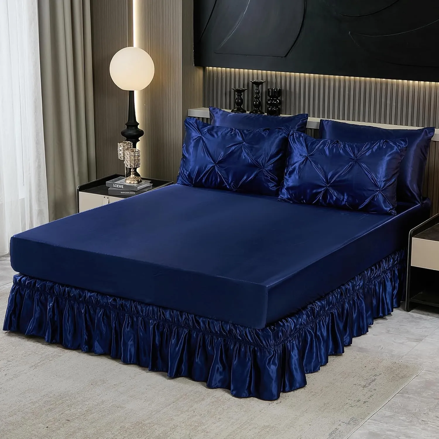 Bedbay Luxury Satin Comforter Set King Size 10 Pcs,Pinch Pleat Bedding Set,King Bed in a Bag Set,Navy Blue Satin Bed Sheets with Comforter,Bed Skirt,Flat Sheet,Fitted Sheet,Decorative Pillowcases