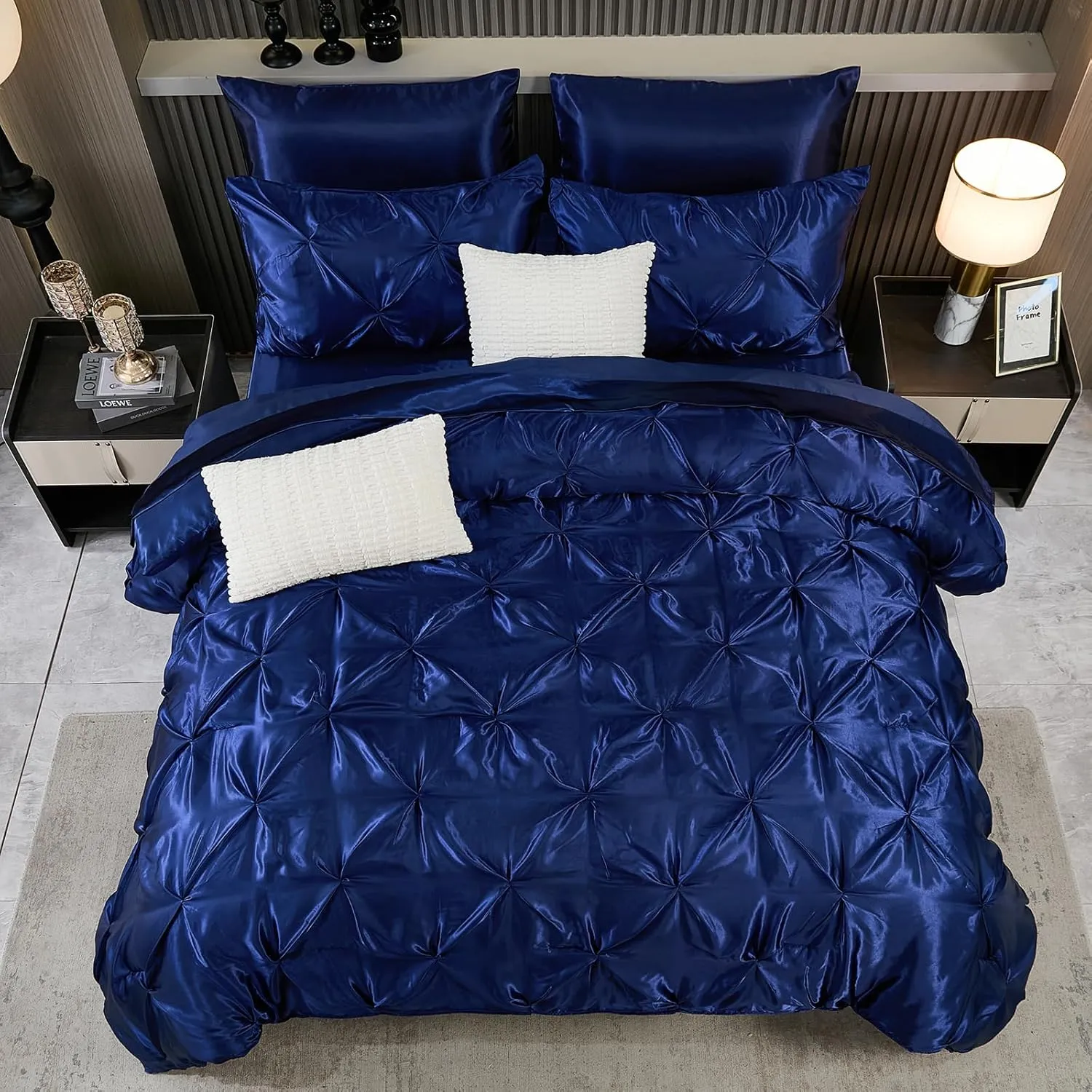 Bedbay Luxury Satin Comforter Set King Size 10 Pcs,Pinch Pleat Bedding Set,King Bed in a Bag Set,Navy Blue Satin Bed Sheets with Comforter,Bed Skirt,Flat Sheet,Fitted Sheet,Decorative Pillowcases