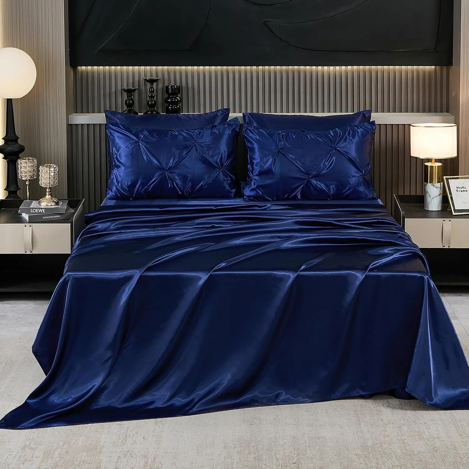 Bedbay Luxury Satin Comforter Set King Size 10 Pcs,Pinch Pleat Bedding Set,King Bed in a Bag Set,Navy Blue Satin Bed Sheets with Comforter,Bed Skirt,Flat Sheet,Fitted Sheet,Decorative Pillowcases