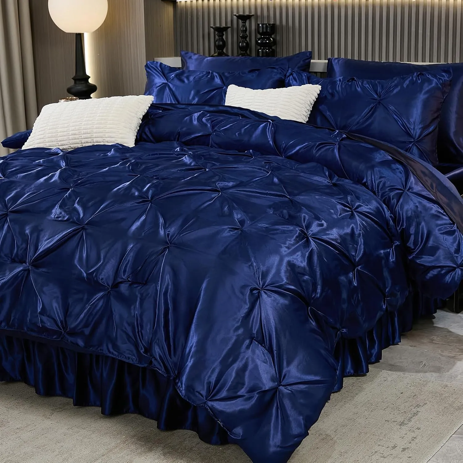 Bedbay Luxury Satin Comforter Set King Size 10 Pcs,Pinch Pleat Bedding Set,King Bed in a Bag Set,Navy Blue Satin Bed Sheets with Comforter,Bed Skirt,Flat Sheet,Fitted Sheet,Decorative Pillowcases