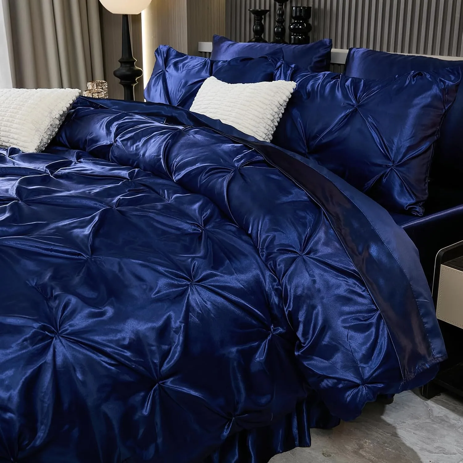Bedbay Luxury Satin Comforter Set King Size 10 Pcs,Pinch Pleat Bedding Set,King Bed in a Bag Set,Navy Blue Satin Bed Sheets with Comforter,Bed Skirt,Flat Sheet,Fitted Sheet,Decorative Pillowcases